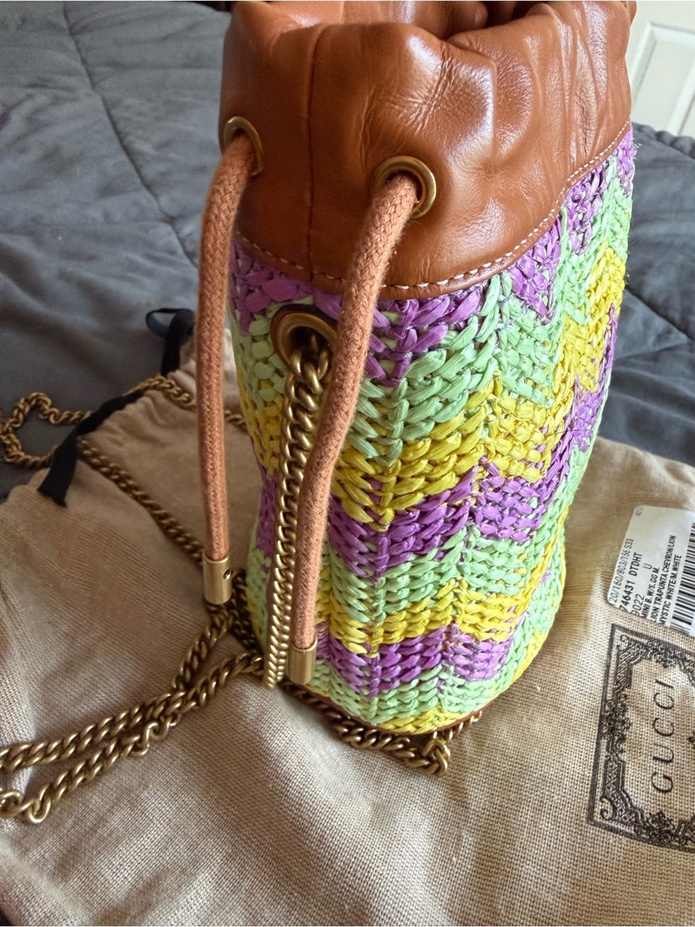 Gucci Multicolor Chevron Straw Bucket Crossbody - Purple, Yellow, Mint - Picture 5 of 6
